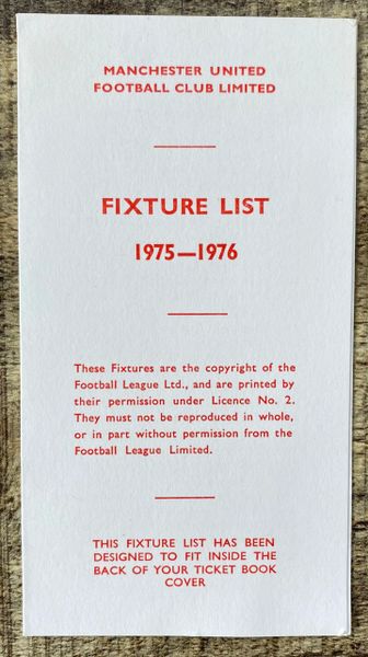 1975/76 ORIGINAL CLUB ISSUED FIXTURE LIST MANCHESTER UNITED