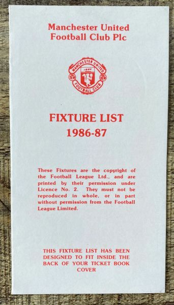 1986/87 ORIGINAL CLUB ISSUED FIXTURE LIST MANCHESTER UNITED