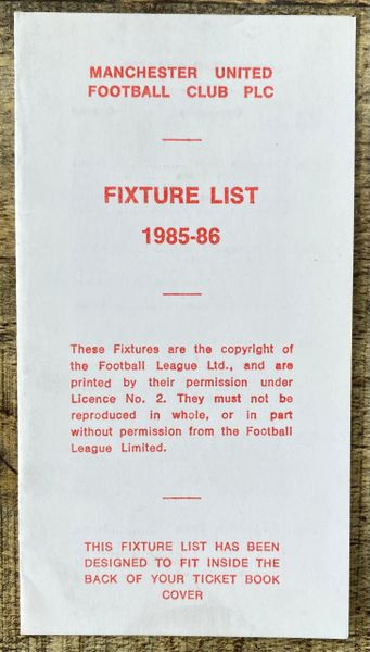 1985/86 ORIGINAL CLUB ISSUED FIXTURE LIST MANCHESTER UNITED