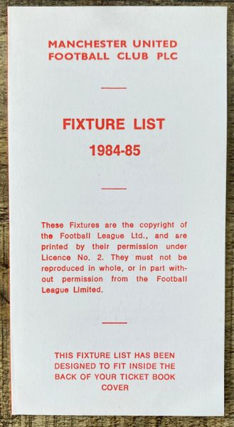 1984/85 ORIGINAL CLUB ISSUED FIXTURE LIST MANCHESTER UNITED