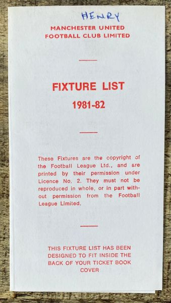 1981/82 ORIGINAL CLUB ISSUED FIXTURE LIST MANCHESTER UNITED