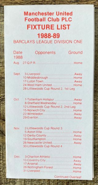 1988/89 ORIGINAL CLUB ISSUED FIXTURE LIST MANCHESTER UNITED