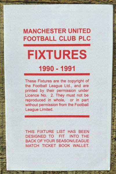 1990/91 ORIGINAL CLUB ISSUED FIXTURE LIST MANCHESTER UNITED