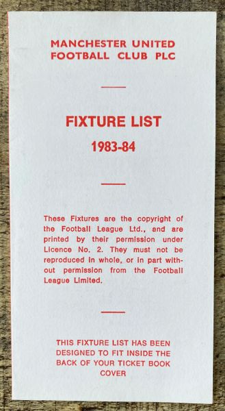 1983/84 ORIGINAL CLUB ISSUED FIXTURE LIST MANCHESTER UNITED