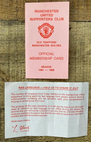 1981/82 ORIGINAL MANCHESTER UNITED SUPPORTERS CLUB MEMBERSHIP CARD PLUS MEMO