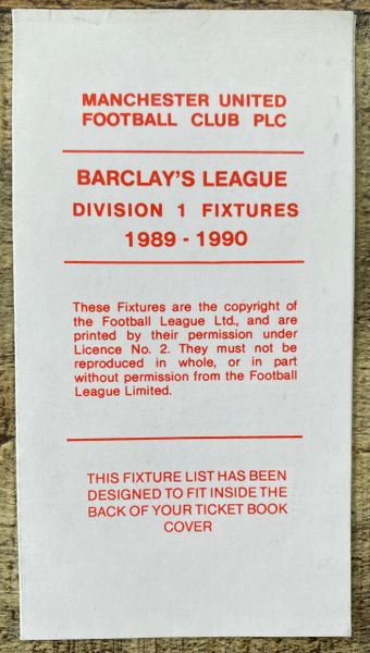 1989/90 ORIGINAL CLUB ISSUED FIXTURE LIST MANCHESTER UNITED