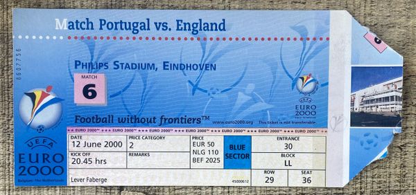 2000 ORIGINAL EUROPEAN CHAMPIONSHIPS 1ST ROUND TICKET ENGLAND V PORTUGAL @EINDHOVEN