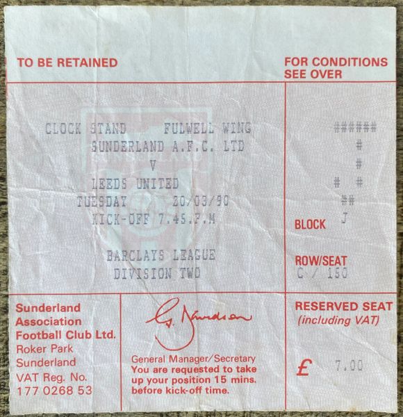 1989/90 ORIGINAL DIVISION TWO TICKET SUNDERLAND V LEEDS UNITED