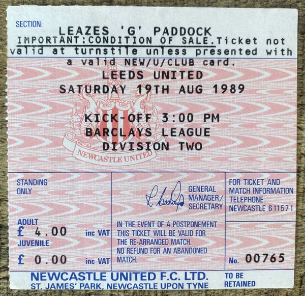 1989/90 ORIGINAL DIVISION TWO TICKET NEWCASTLE UNITED V LEEDS UNITED (LEEDS UTD ALLOCATION)