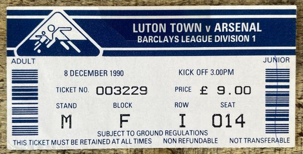 1990/91 ORIGINAL DIVISION ONE TICKET LUTON TOWN V ARSENAL