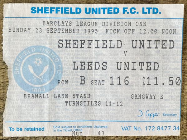 1990/91 ORIGINAL DIVISION ONE TICKET SHEFFIELD UNITED V LEEDS UNITED (LEEDS ALLOCATION)