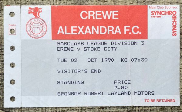 1990/91 ORIGINAL DIVISION THREE TICKET CREWE ALEXANDRA V STOKE CITY (STOKE ALLOCATION)