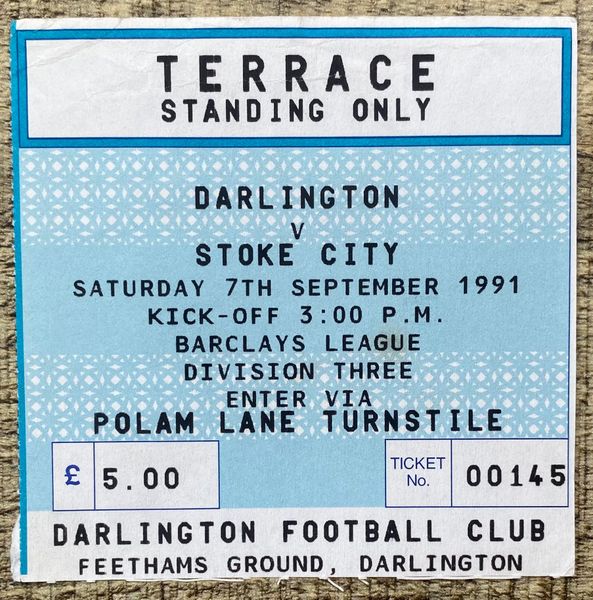 1991/92 ORIGINAL DIVISION THREE TICKET DARLINGTON V STOKE CITY (STOKE ALLOCATION)