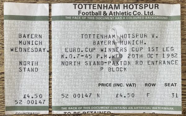 1982/83 ORIGINAL EUROPEAN CUP WINNERS CUP 2ND ROUND 1ST LEG TICKET TOTTENHAM HOTSPUR V BAYERN MUNICH