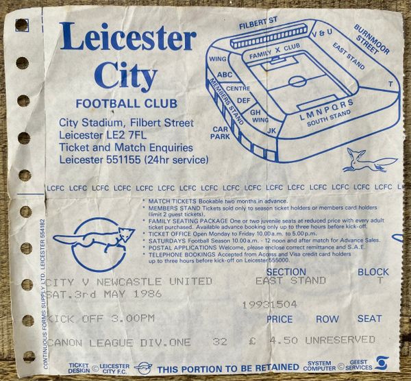 1985/86 ORIGINAL DIVISION ONE TICKET LEICESTER CITY V NEWCASTLE UNITED