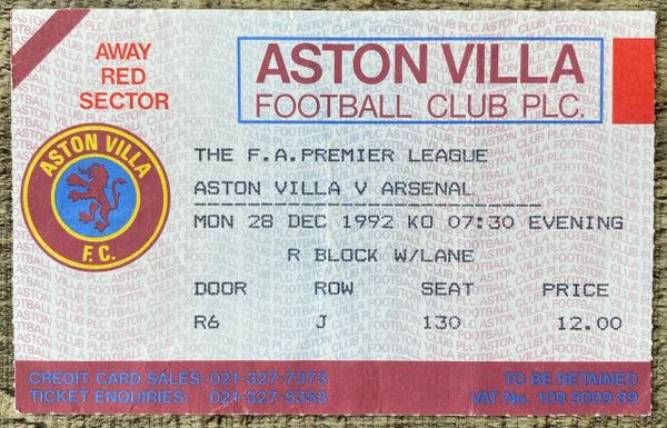 1992/93 ORIGINAL PREMIER LEAGUE TICKET ASTON VILLA V ARSENAL (ARSENAL ALLOCATION)