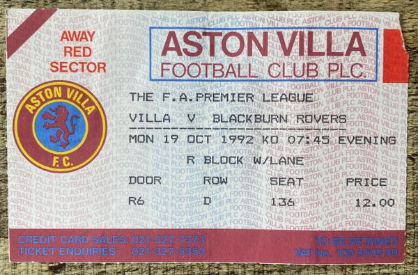 1992/93 ORIGINAL PREMIER LEAGUE TICKET ASTON VILLA V BLACKBURN ROVERS (BLACKBURN ALLOCATION)