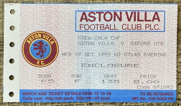 1992/93 ORIGINAL COCA COLA 2ND ROUND 2ND LEG TICKET ASTON VILLA V OXFORD UNITED