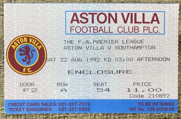 1992/93 ORIGINAL PREMIER LEAGUE TICKET ASTON VILLA V SOUTHAMPTON