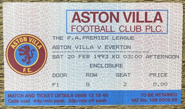 1992/93 ORIGINAL PREMIER LEAGUE TICKET ASTON VILLA V EVERTON