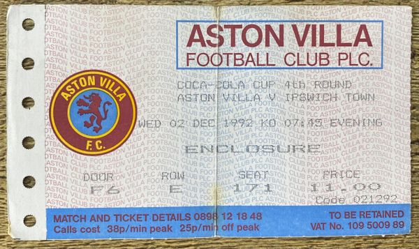 1992/93 ORIGINAL COCA COLA 4TH ROUND TICKET ASTON VILLA V IPSWICH TOWN