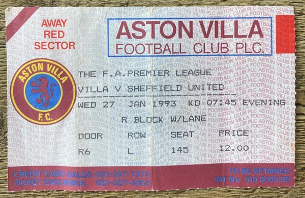 1992/93 ORIGINAL PREMIER LEAGUE TICKET ASTON VILLA V SHEFFIELD UNITED (SHEFFIELD UNITED ALLOCATION)