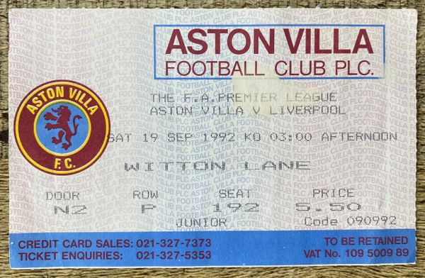 1992/93 ORIGINAL PREMIER LEAGUE TICKET ASTON VILLA V LIVERPOOL