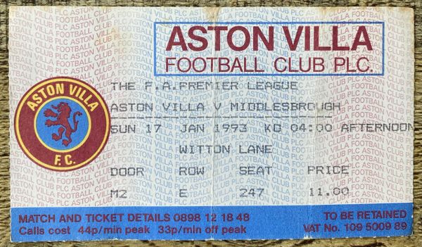 1992/93 ORIGINAL PREMIER LEAGUE TICKET ASTON VILLA V MIDDLESBROUGH