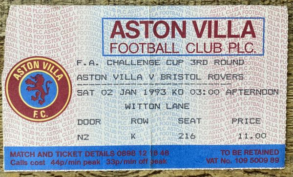 1992/93 ORIGINAL FA CUP 3RD ROUND TICKET ASTON VILLA V BRISTOL ROVERS