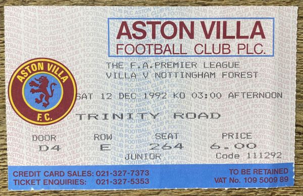 1992/93 ORIGINAL PREMIER LEAGUE TICKET ASTON VILLA V NOTTINGHAM FOREST