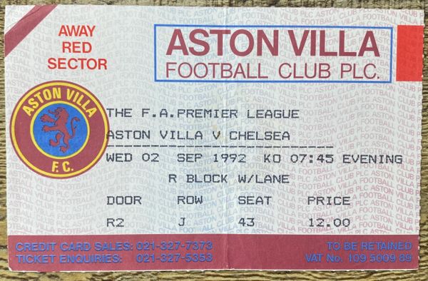 1992/93 ORIGINAL PREMIER LEAGUE TICKET ASTON VILLA V CHELSEA (CHELSEA ALLOCATION)