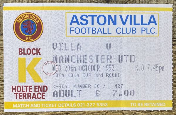 1992/93 ORIGINAL COCA COLA CUP 3RD ROUND TICKET ASTON VILLA V MANCHESTER UNITED