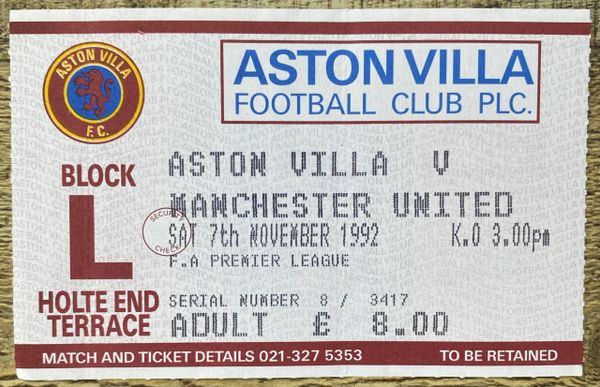 1992/93 ORIGINAL PREMIER LEAGUE TICKET ASTON VILLA V MANCHESTER UNITED