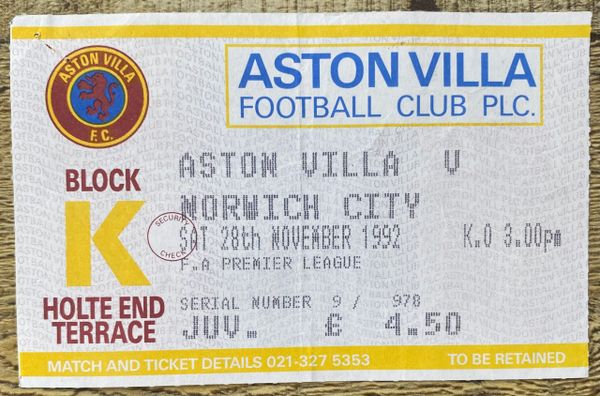 1992/93 ORIGINAL PREMIER LEAGUE TICKET ASTON VILLA V NORWICH CITY