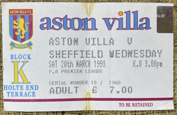 1992/93 ORIGINAL PREMIER LEAGUE TICKET ASTON VILLA V SHEFFIELD WEDNESDAY