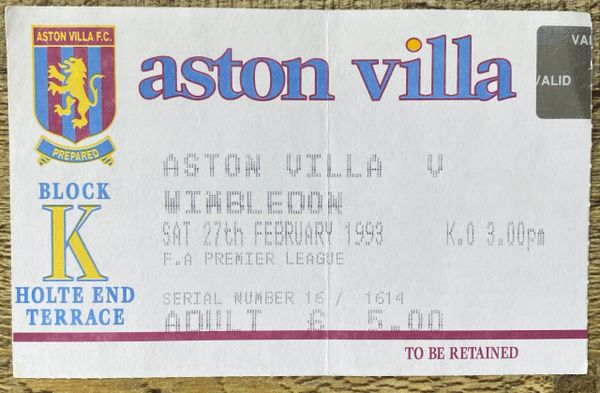 1992/93 ORIGINAL PREMIER LEAGUE TICKET ASTON VILLA V WIMBLEDON