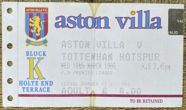 1992/93 ORIGINAL PREMIER LEAGUE TICKET ASTON VILLA V TOTTENHAM HOTSPUR