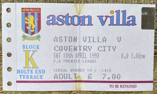 1992/93 ORIGINAL PREMIER LEAGUE TICKET ASTON VILLA V COVENTRY CITY