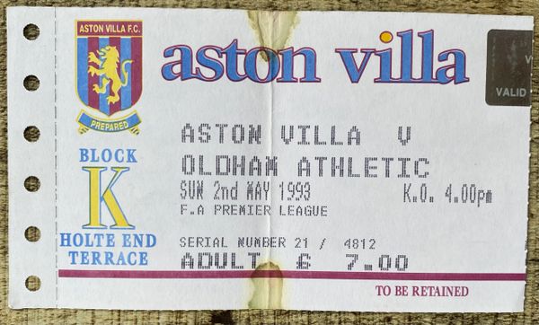 1992/93 ORIGINAL PREMIER LEAGUE TICKET ASTON VILLA V OLDHAM ATHLETIC