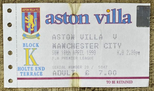 1992/93 ORIGINAL PREMIER LEAGUE TICKET ASTON VILLA V MANCHESTER CITY