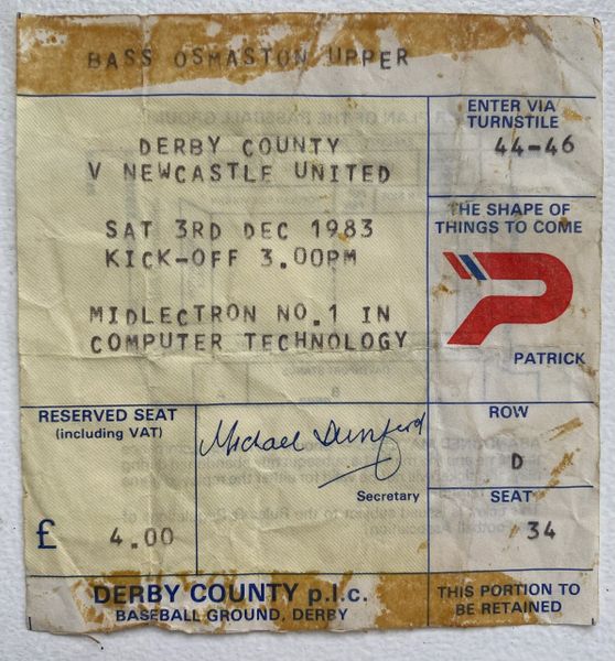 1983/84 ORIGINAL DIVISION TWO TICKET DERBY COUNTY V NEWCASTLE UNITED (NUFC ALLOCATION)