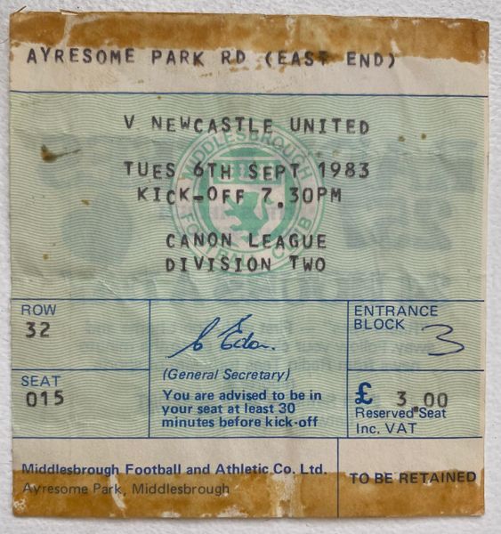 1983/84 ORIGINAL DIVISION TWO TICKET MIDDLESBROUGH V NEWCASTLE UNITED (NUFC ALLOCATION)