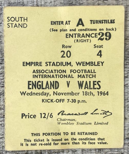 1964 BRITISH HOME INTERNATIONAL CHAMPIONSHIP TICKET ENGLAND V WALES @WEMBLEY