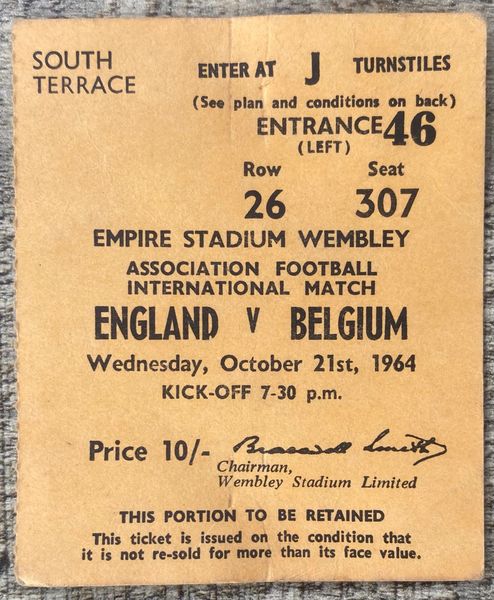 1964 BRITISH INTERNATIONAL TICKET ENGLAND V BELGIUM @ WEMBLEY