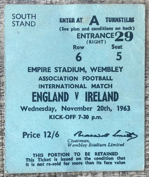 1963 ORIGINAL BRITISH HOME INTERNATIONAL CHAMPIONSHIP TICKET ENGLAND V NORTHERN IRELAND @WEMBLEY