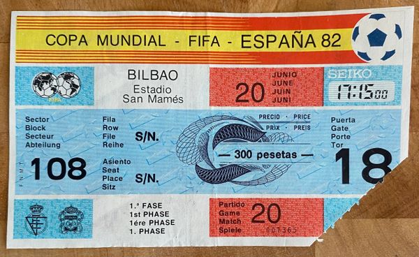 1982 ORIGINAL WORLD CUP TICKET ENGLAND V CZECHOSLOVAKIA @BILBAO