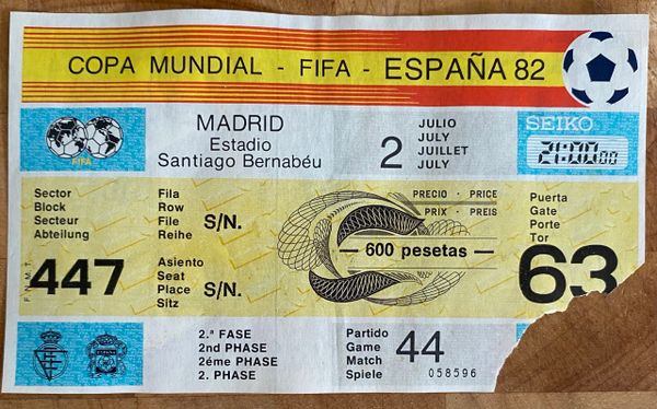 1982 ORIGINAL WORLD CUP TICKET ENGLAND V WEST GERMANY @MADRID