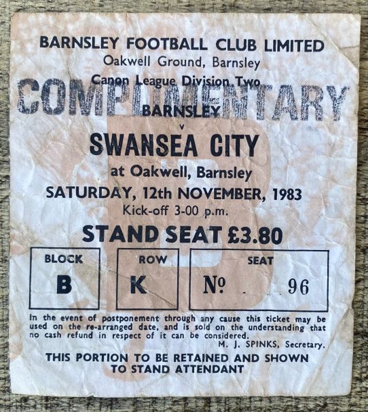 1983/84 ORIGINAL DIVISION TWO TICKET BARNSLEY V SWANSEA CITY