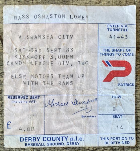 1983/84 ORIGINAL DIVISION TWO TICKET DERBY COUNTY V SWANSEA CITY (SWANSEA ALLOCATION)