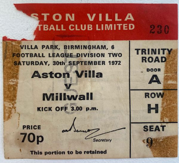 1972/73 ORIGINAL DIVISION TWO TICKET ASTON VILLA V MILLWALL